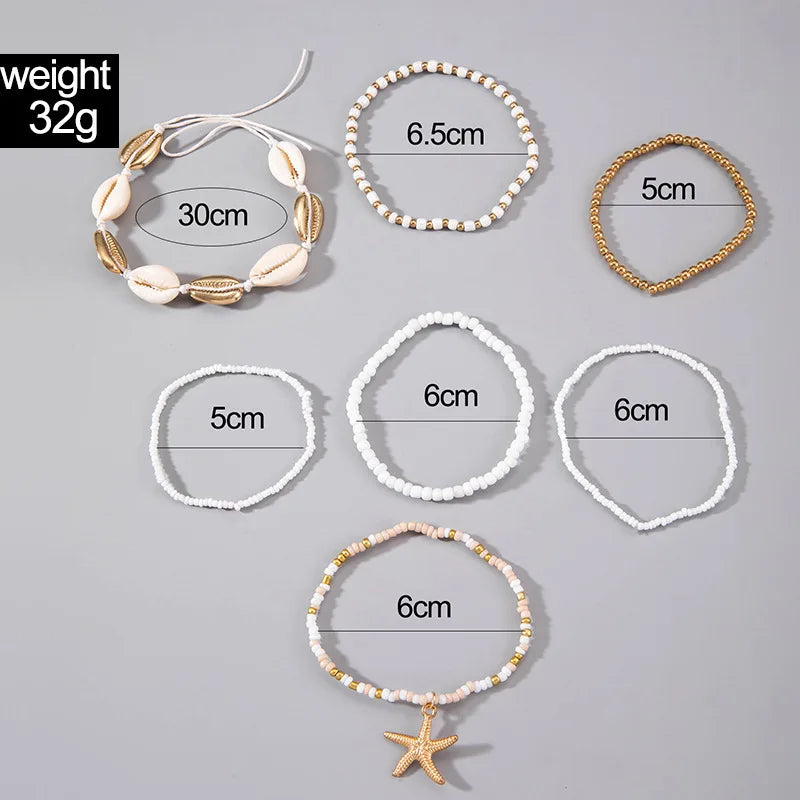 7Pcs Boho Summer Starfish Bracelet Set For Women Bohemian Shell Rice Beads Elastic Chain Bangle Girls Beach Jewelry Accessories